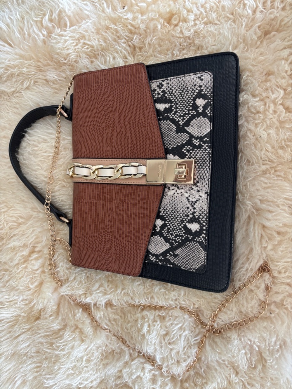 NWOT Aldo Brown, Black & Cream Snake-Print Satchel with Gold Chain